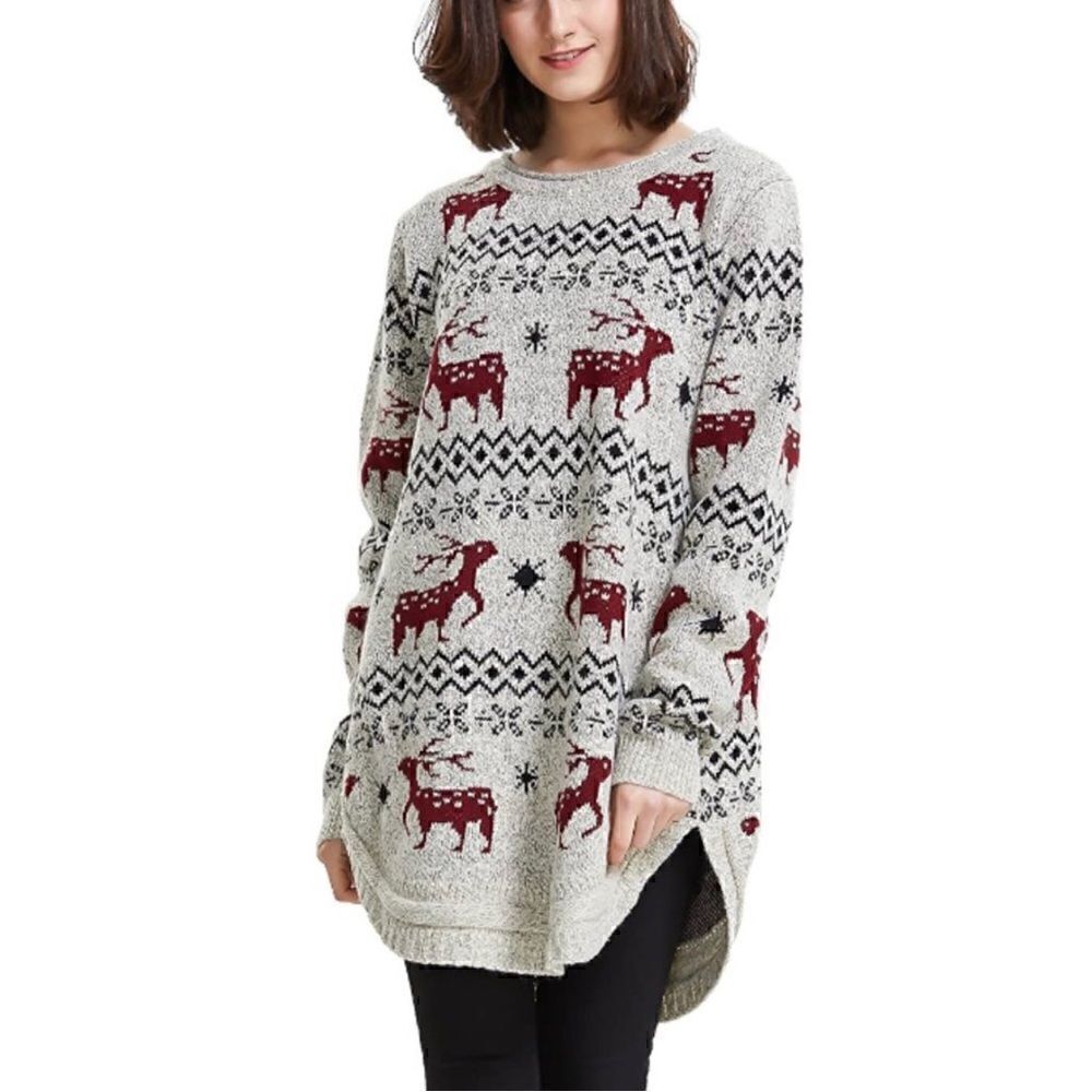 Shineflow Reindeer Patterned Knit Sweater Long Beige Red Small
